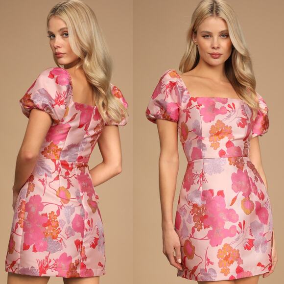 NWT Lulus So Stunning Orange Multi Floral Jacquard Puff Sleeve Mini Dress Sz S - Picture 1 of 6